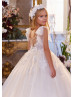 Beaded Ivory Lace Glitter Tulle Floor Length Flower Girl Dress